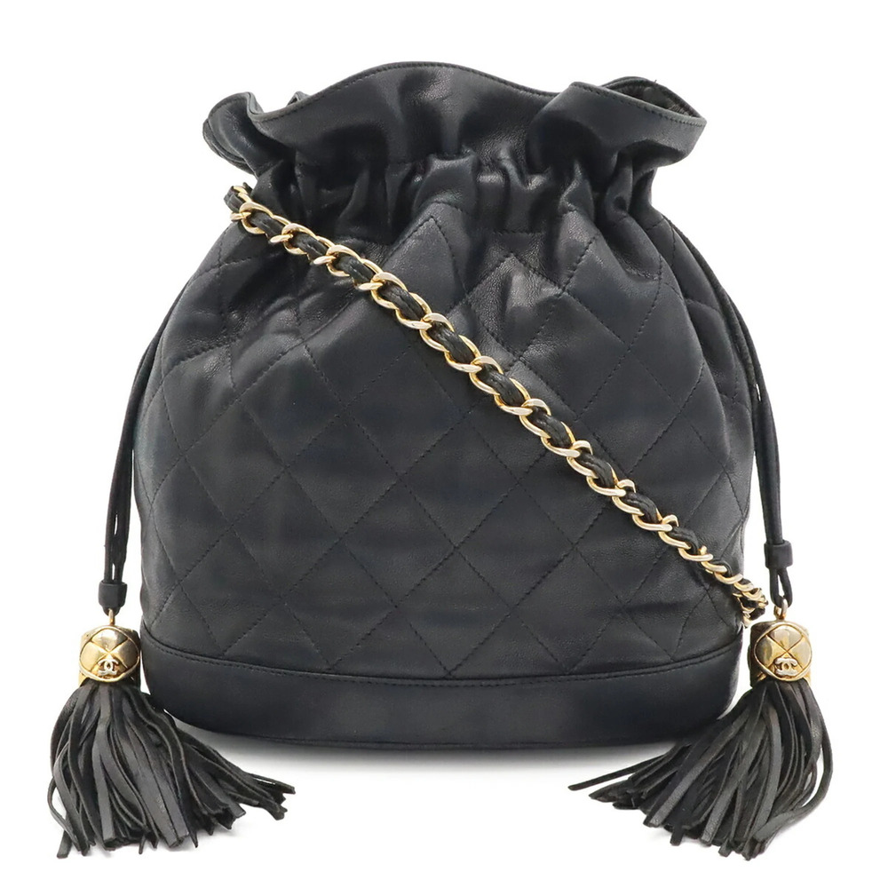 CHANEL Matelassé Shoulder Bag, Chain Strap, Tassel, Leather, Black
